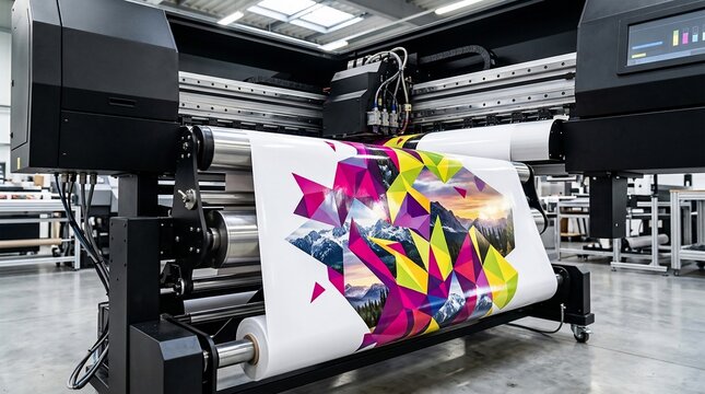 Large format industrial printer producing colorful graphic rolls in a modern printing shop