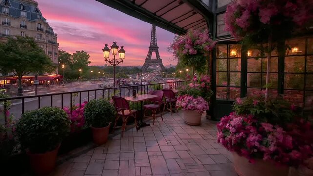 Paris, France, Europe. A vivid portrayal of a Parisian terrace at dusk, with the Eiffel Tower in the background. The terrace features a balcony with a table and chairs.