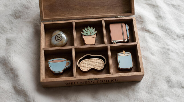 Wooden wellness toolkit box with mental health enamel pins.