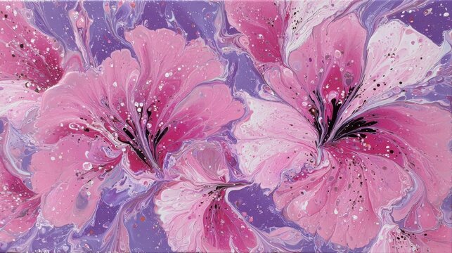 An abstract painting featuring vibrant pink flowers with intricate patterns of swirling colors in shades of purple and white. The fluid and dynamic brushwork creates a sense of movement and depth wit