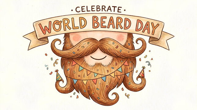 World Beard Day illustration with vintage banner and mustache.