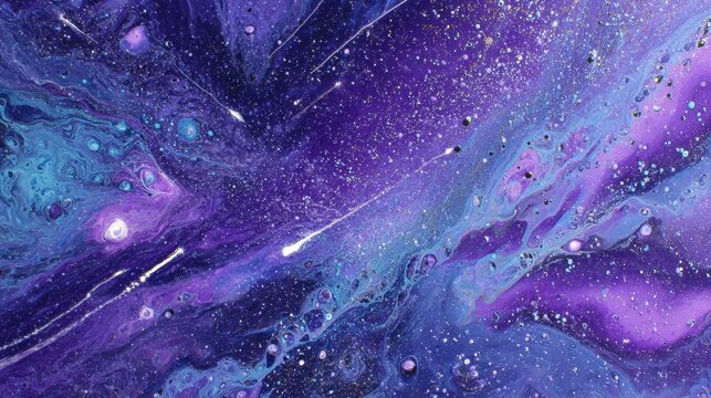 An abstract painting featuring a cosmic scene with swirling shades of deep purple, blue, and hints of white. The artwork showcases a blend of colors that mimic a nebula or galaxy, interspersed with g