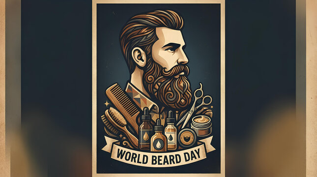 World Beard Day vintage style poster of bearded man.