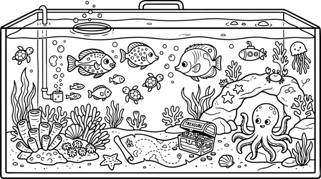Cartoon-Umriss einer Meereslebewesen-Szene, handgezeichnete Linienkunst-Illustration, Doodle-Kunst-Malvorlage f&uuml;r Kinder