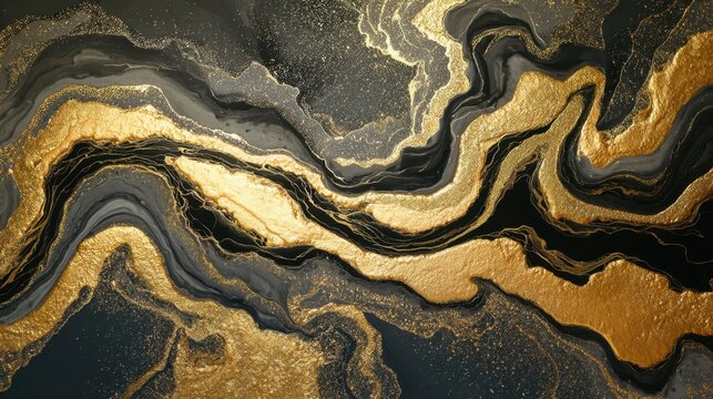 An abstract image featuring fluid art with mesmerizing swirls of black and gold tones. The artwork showcases intricate details of golden accents flowing through rich, dark backgrounds, creating a str