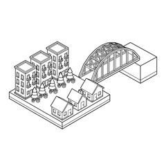 Fototapeta premium Isometric line art illustration of a small town with buildings, houses, trees, and a bridge on a white background