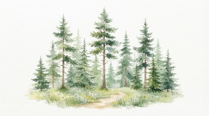 Obraz premium Serene watercolor illustration of tall evergreen trees and a grassy meadow.