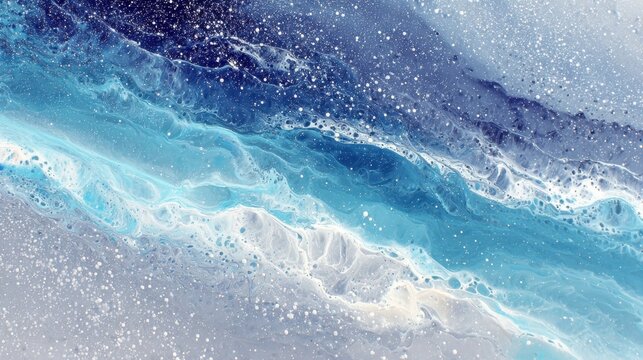 An abstract representation of flowing ocean waves, featuring various shades of blue, turquoise, and white with intricate textures and patterns. The image showcases swirls and bubbles that mimic the m