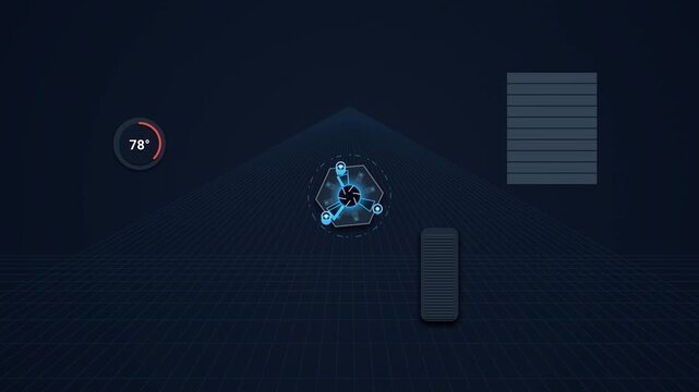 Futuristic HUD interface animation displaying smart home protocol with digital nodes climate sync optic shutters and master override on a mobile device