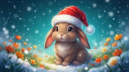 Obraz premium A cute bunny wearing a red Santa hat sits in snowy grass with colorful flowers.
