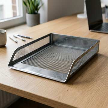 Metal mesh document tray on wooden desk surface in modern office setting with blurred laptop.
