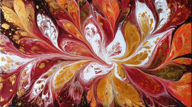 A vibrant abstract painting featuring swirling patterns of red, orange, white, and gold. The design consists of elongated leaf-like shapes that radiate outward from the center, creating a dynamic sen