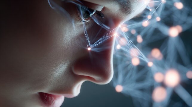 Mindful Connection: A close-up profile of a person's head overlaid with abstract neural network and glowing lights, symbolizing cognitive processes, artificial intelligence, or deep thought.