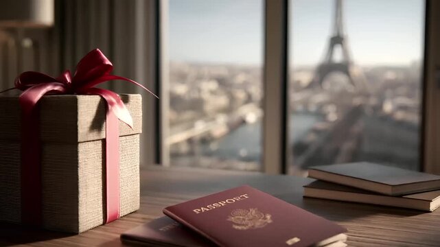 Paris, France, Europe. A still life photograph depicts a luxurious room with a panoramic view of the Eiffel Tower. A gift box with a red ribbon and bow sits on a wooden table.