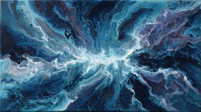 An abstract painting featuring swirling blues and purples, resembling a cosmic scene with swirling clouds and hints of starlit skies. The composition radiates from the center, creating a sense of dep