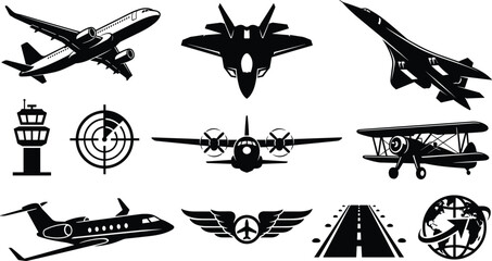 Aviation Aircraft Collection with Passenger Airplane Fighter Jet Private Jet Biplane Airport Runway and Flight Vector Illustration Set © Monju