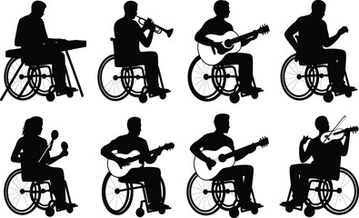 Wheelchair musician silhouettes playing guitar trumpet violin keyboard and percussion instruments isolated on white background inclusive vector illustration collection © MdAjijul