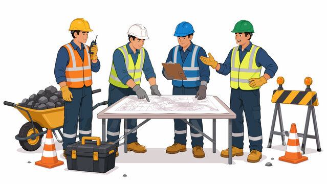 Collaboration of a professional mining team of four workers and a mine supervisor with different colored helmets gathered around a table to discuss