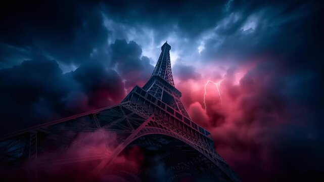 Paris, France, Europe. A dramatic digital artwork depicts the Eiffel Tower, a landmark in Paris, France. The eiffel tower stands tall against a dramatic sky filled with dark, stormy clouds.