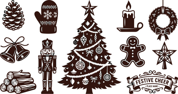 Christmas Silhouette Icon Collection with Holiday Tree Wreath Candle Gingerbread Nutcracker Bells and Festive Vector Illustration Set