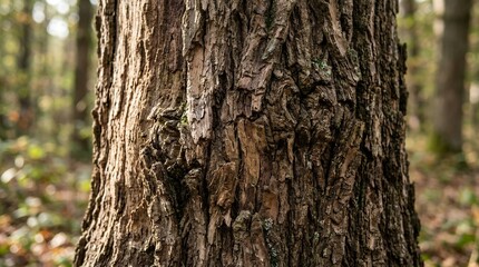 Fototapeta premium Close up of a textured tree trunk in a forest setting.