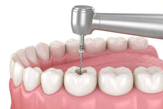 Detailed 3D Illustration of Root Canal Treatment on Molar Tooth with Dental Drill and Anatomical Context