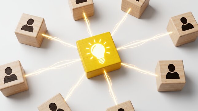 Ultra sharp realistic business concept of yellow idea block linked to user icons on white surface
