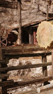 A scene shows a wooden log resting on a fence near an old mining site. The background features rocky terrain and old wooden structures. Natural light highlights the area.