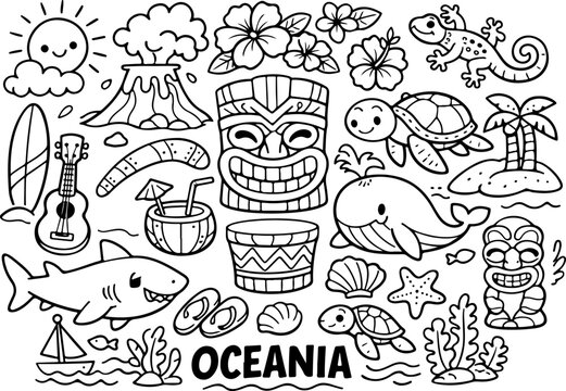Ozeanien, Wahrzeichen, Cartoon-Umrisse, handgezeichnete Linienkunst-Illustration, Doodle-Kunst-Malvorlage f&uuml;r Kinder