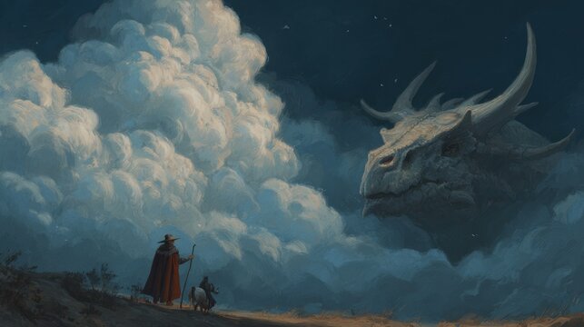 A fantastical scene depicting a hooded figure with a staff, accompanied by a small dog, standing atop a hill. In the background, a massive dragon emerges from billowing clouds, its eyes piercing thro