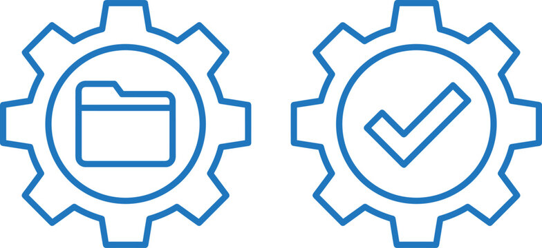 Vector outline icon of gear with folder and gear with checkmark isolated on transparent background.