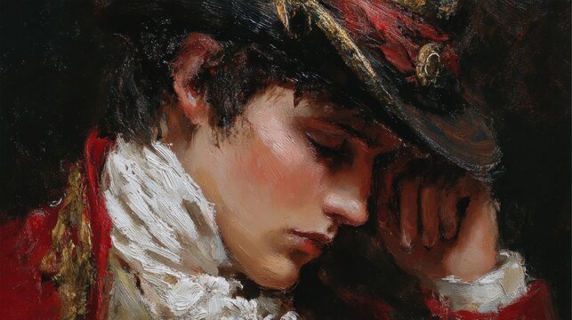 A close-up portrait of a young soldier in traditional military attire, featuring a dramatic pose with the head bowed and hand resting thoughtfully on the forehead. The soldier wears a detailed hat ad