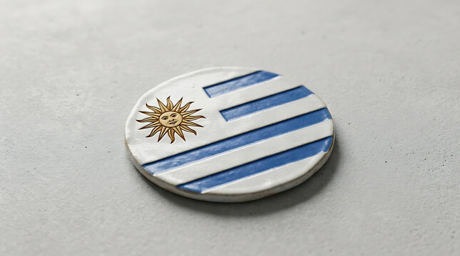 Handcrafted Uruguay flag ceramic medallion with Sol de Mayo for Independence Day shown as a national emblem on a gray textured surface