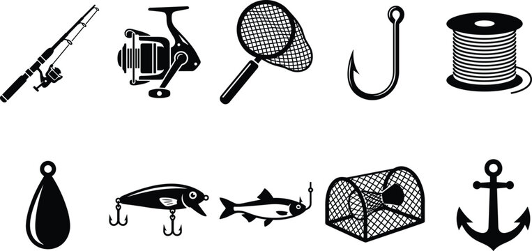 Fishing Icon Set with Rod, Reel, Net, Hook, Line Spool, Sinker, Lure, Bait Fish, Trap, and Anchor for Outdoor Sports Designs