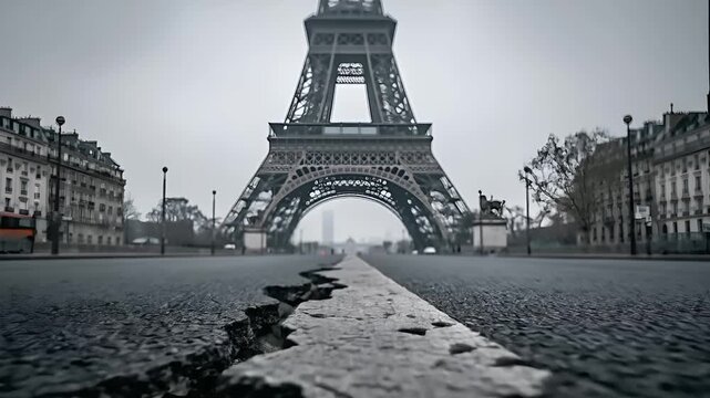 Paris, France, Europe. A moody, atmospheric photograph of the Eiffel Tower in Paris, France. The iconic structure stands majestically in the center of the frame.