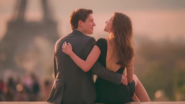 Paris, France, Europe. A romantic scene features a man and a woman in formal attire, seated on a stone ledge overlooking the Eiffel Tower. The man, wearing a black suit, kisses the woman on the cheek.