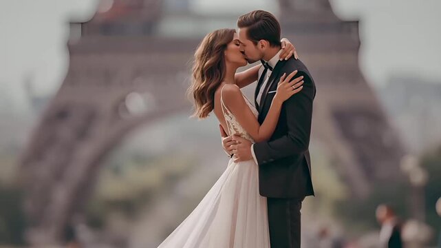 Paris, France, Europe. A romantic photograph captures a couple passionately kissing in front of the Eiffel Tower. The man, wearing a black tuxedo, and the woman.