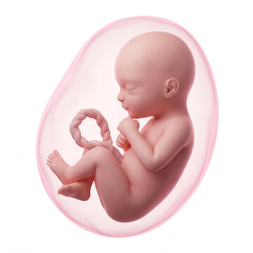 Detailed 3D Medical Illustration of Human Fetus in Amniotic Sac with Umbilical Cord Anatomy