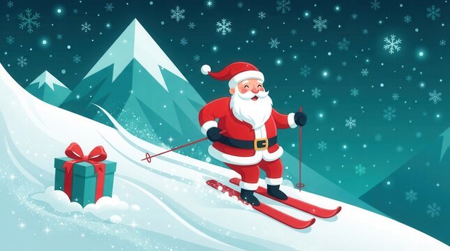 A festive winter scene of Santa skiing through falling snowflakes near a mountain.