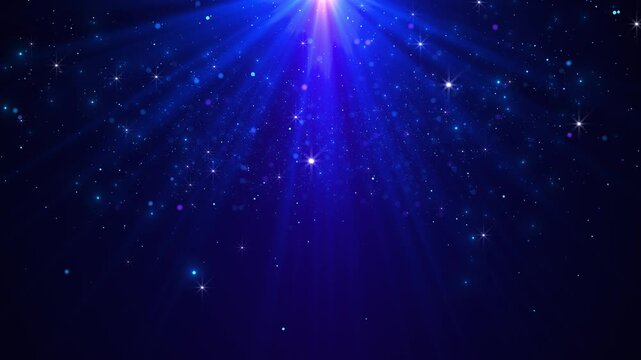 Blue and violet rays shine through star filled background with soft particles and open copy space creating a dreamy video scene for worship, holidays, celebrations, intros, titles, and magical themes.
