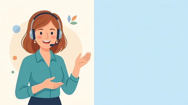 Flat vector illustration of a friendly female customer support operator with headset presenting with open hand and wide copy space