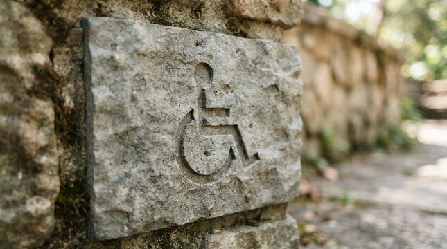 Stone sign with accessibility symbol for disabled people in a park.