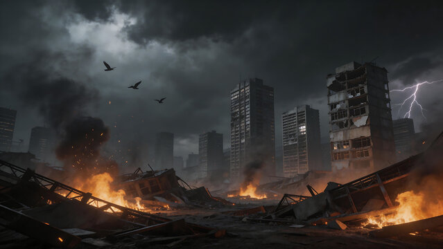 Destruction of urban buildings in storm