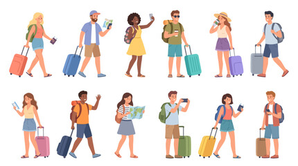 Fototapeta premium A set of vacation travelers in flat vector illustration style, young men and women enjoying holidays, walking with rolling suitcases, carrying backpacks, vector illustration
