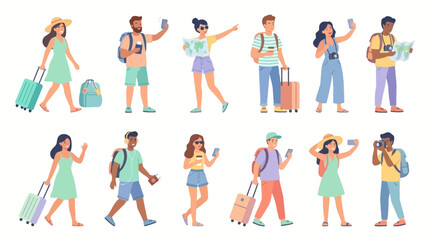 Fototapeta premium A set of vacation travelers in flat vector illustration style, young men and women enjoying holidays, walking with rolling suitcases, carrying backpacks, vector illustration
