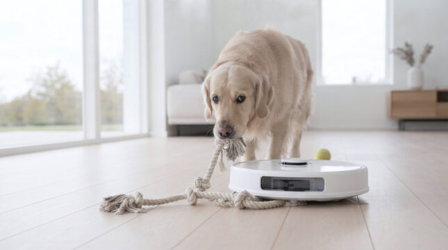 Golden Retriever Dog Playing Tug of War and Pulling its Rope Toy Next to a White Robot Vacuum Cleaner on Living Room Floor