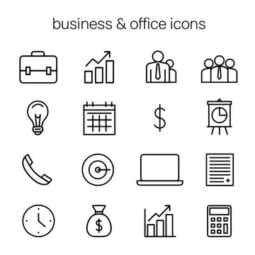 Business and Office Icons Set: A collection of clean, modern line art icons representing various business and office concepts, including a briefcase, growth chart, people, lightbulb, calendar, money.