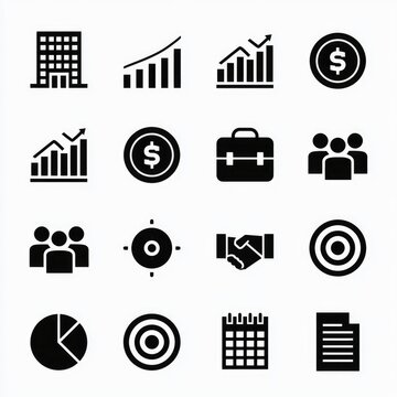Business Iconography: A collection of simple black vector icons representing various business concepts like finance, growth, teamwork, and strategy.