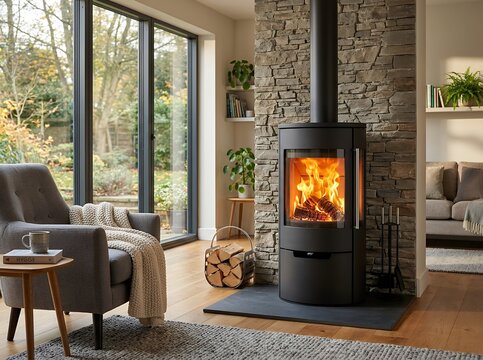 Cozy living room with a modern wood-burning stove and large windows overlooking autumn trees.