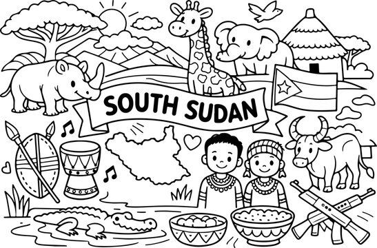 S&uuml;dsudan: Umrisse von Sehensw&uuml;rdigkeiten im Cartoon-Stil, handgezeichnete Linienkunst-Illustration, Malvorlage f&uuml;r Kinder
